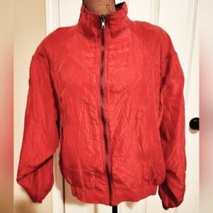 Vintage Jack Mulqueen 100% Silk Red Jacket Women's Large L Zip Pockets Soft EUC